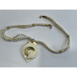 Vintage White Ceramic Shell Pendant Necklace Gold Braided Cord Barrel Clasp